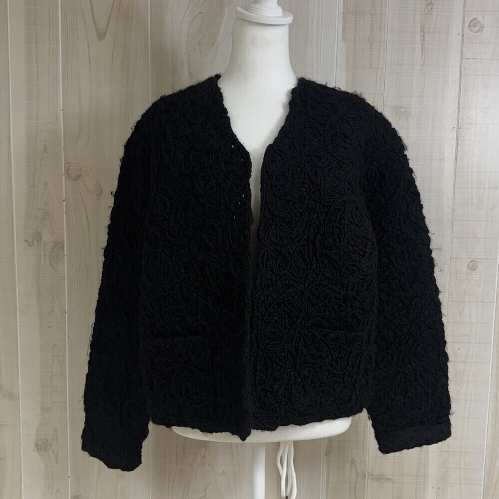 Chicos Embroidered Swirl Wool Sweater‎ Cardigan Chunky Heavy Black 3 L/XL